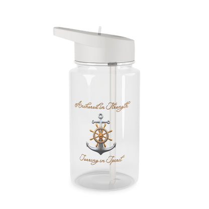 Clear Water bottle with gray lid and straw with an anchor that says anchored in strength and soaring in spirit