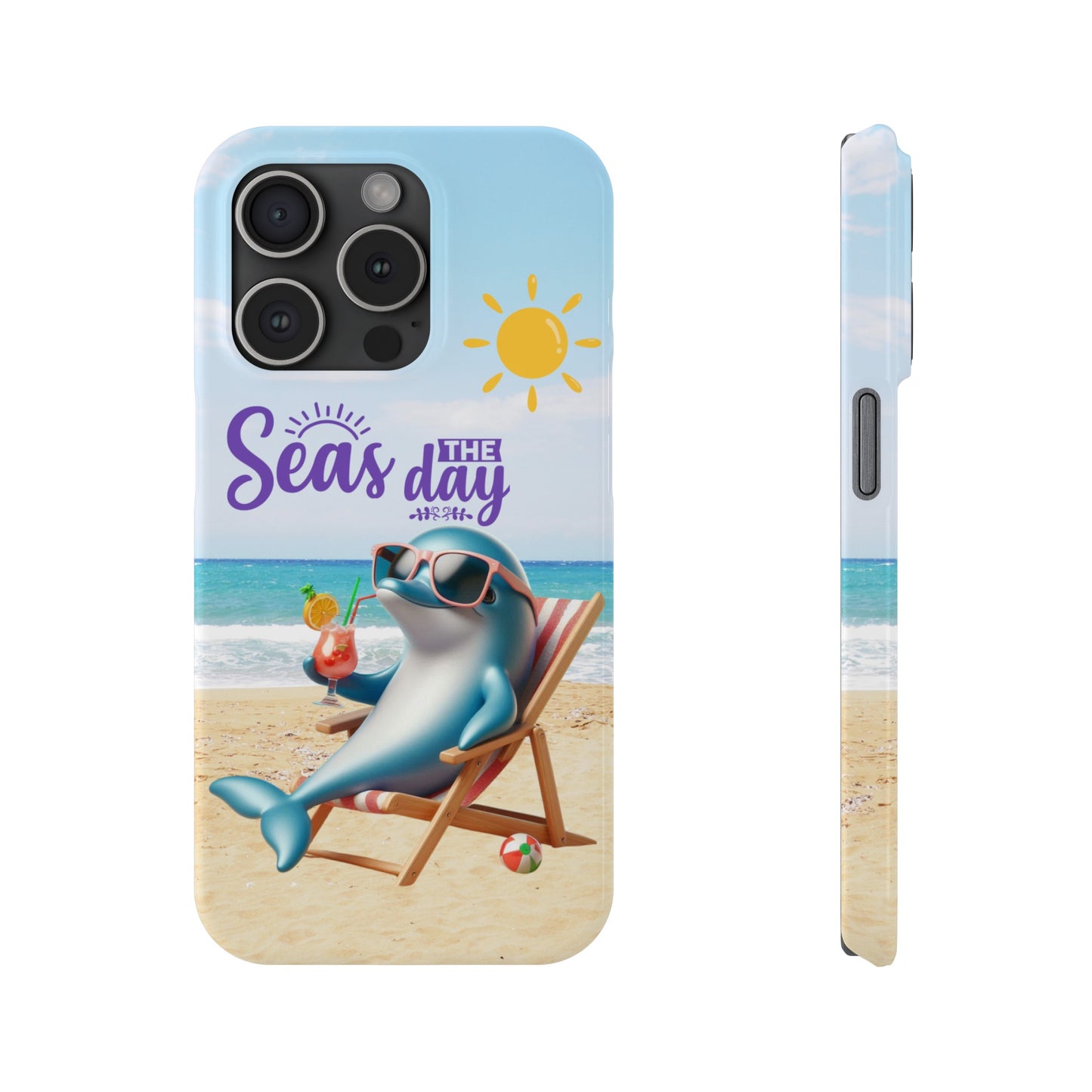 iPhone Case Dolphin sitting in beach lounge chair on beach with text Seas The Day