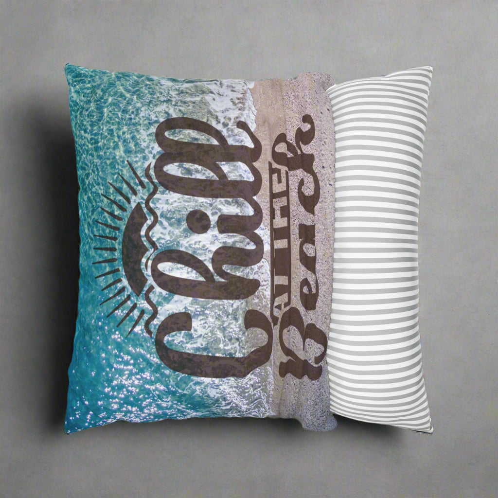 Decorative pillow with 'Chill at the Beach' text on a beach background showing the ease of removal.