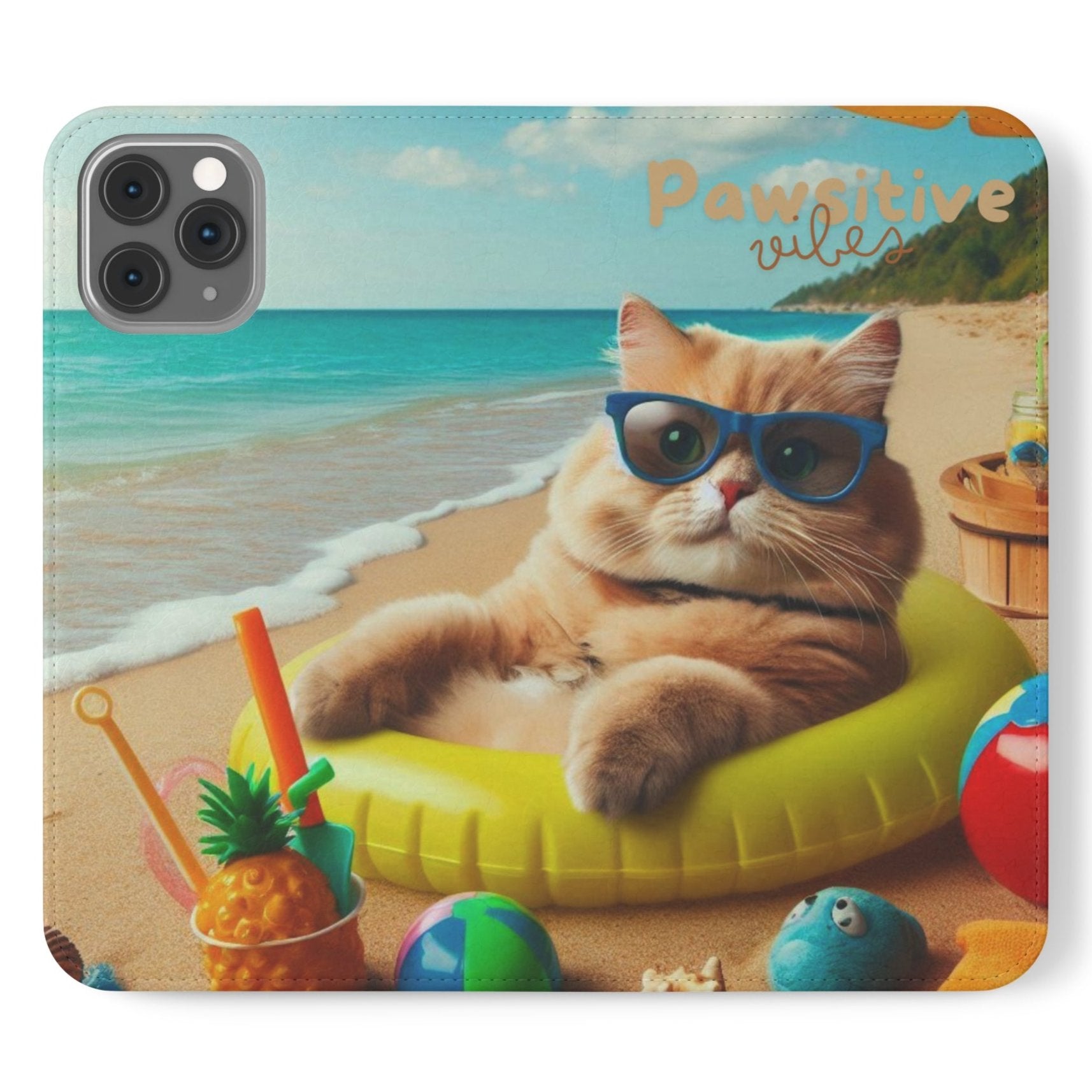 Opened phone case wallet with picture of cat lounging on beach with pool toys and drinks surrounding the cat with the text Pawitive Vibes.