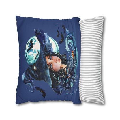 Decorative pillow case with fantasy witch design with blue background showing the ease of removal.