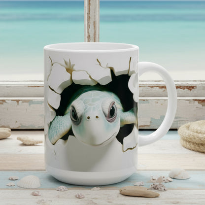 Mug with a turtle design peering out from a cracked shell on a white background