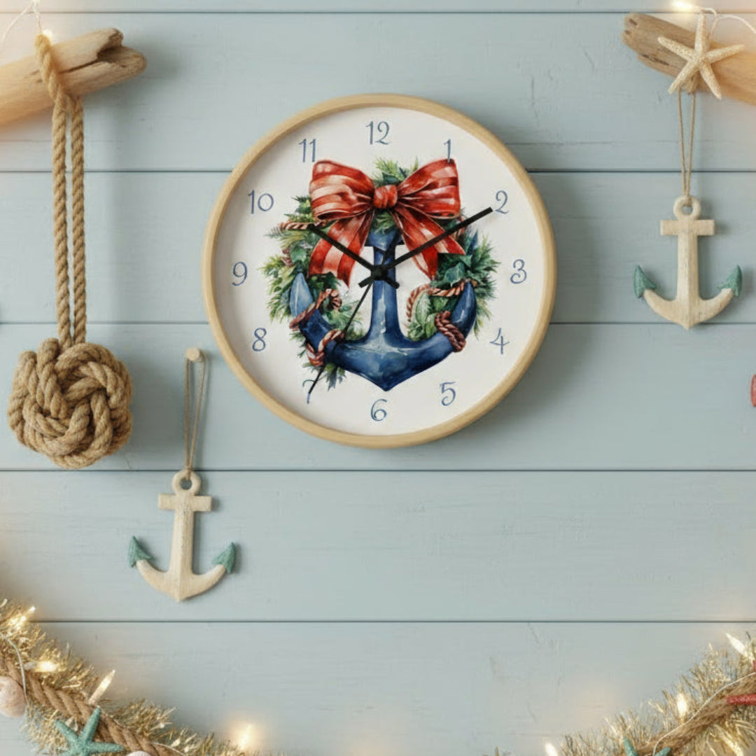 Wall clock with anchor and bow design on a white background