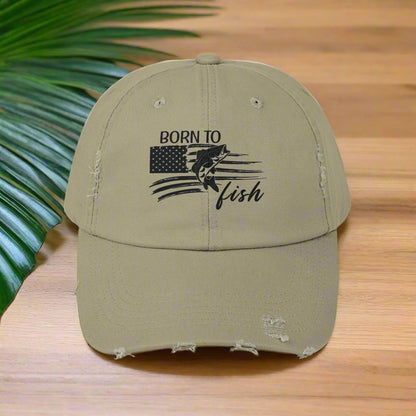 Born to Fish Unisex Distressed Cap - Perfect for Anglers and Outdoor Enthusiasts  Hats Light-Olive-One-size Everythings Beachy