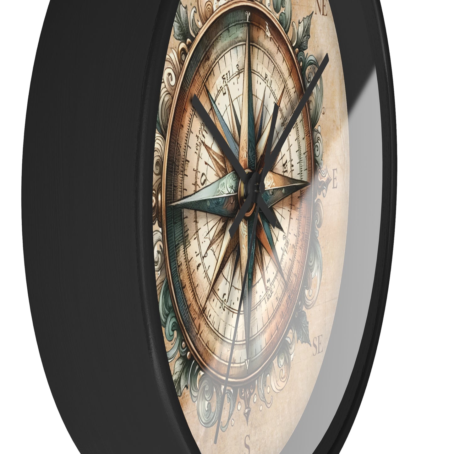 Side view of Round 10" wall clock with black frame with picture of compass.