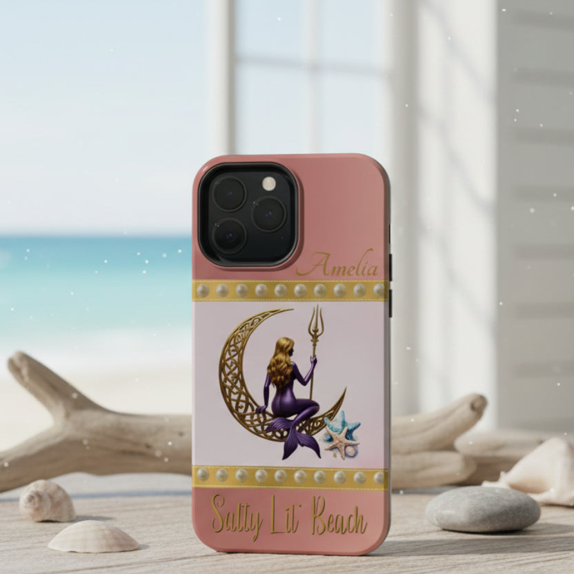 Phone case with mermaid design and 'Sally Lit Beach' branding on a pink background