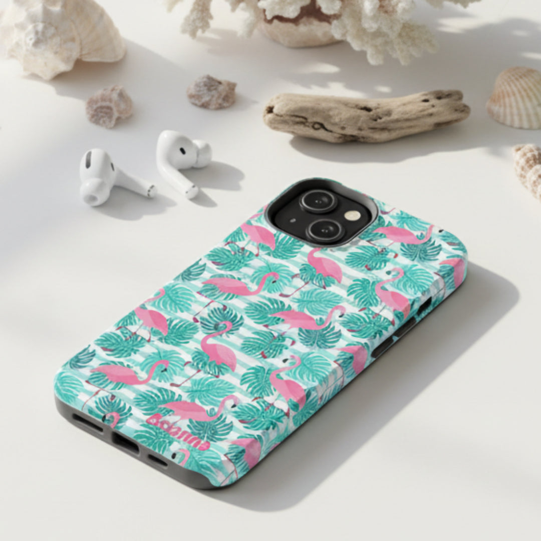 Add summer style to your phone with this custom flamingo case. Personalize with your name and enjoy tropical protection for iPhone or Samsung models.