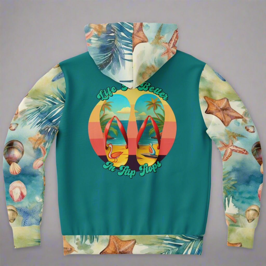 Back view of  sweatshirt with teal back with seashell patterned sleeves  and hood Life is better in flip flops with graphic of beach scene flip flops.