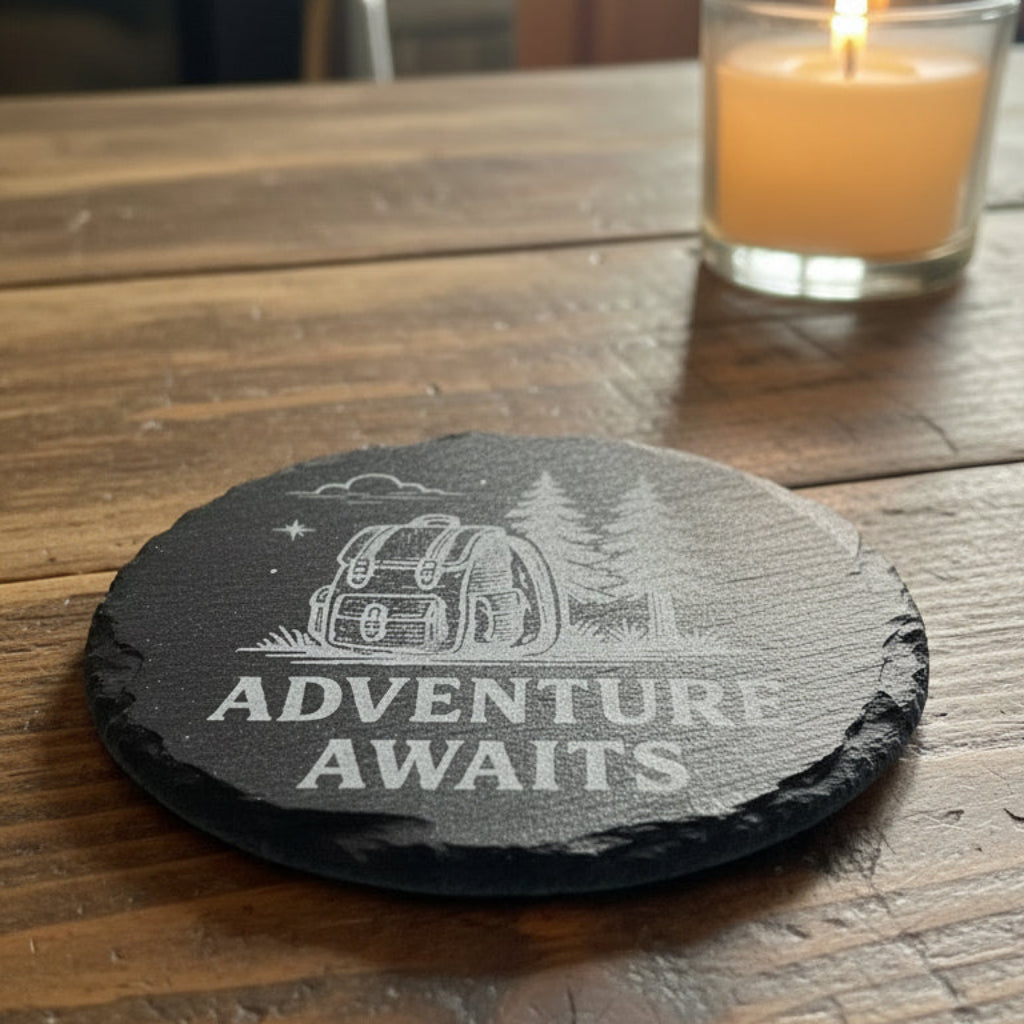 Slate coaster with 'Adventure Awaits' engraving with a Redwood and backpack design.