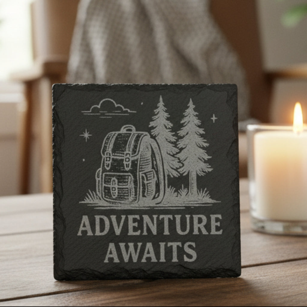 Slate coaster with backpack and trees design and 'Adventure Awaits' text.