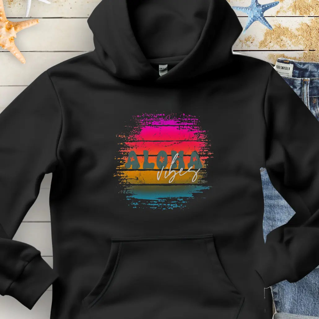 Black hoodie with retro sunset with text Aloha Vibes
