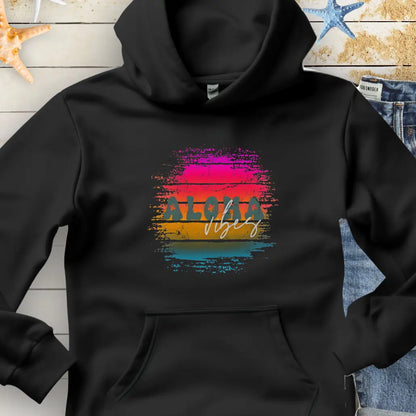 Black hoodie with retro sunset with text Aloha Vibes