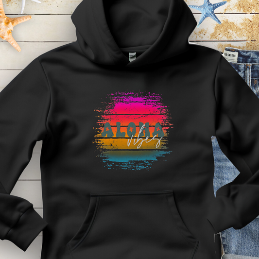 Black hoodie with retro sunset with text Aloha Vibes