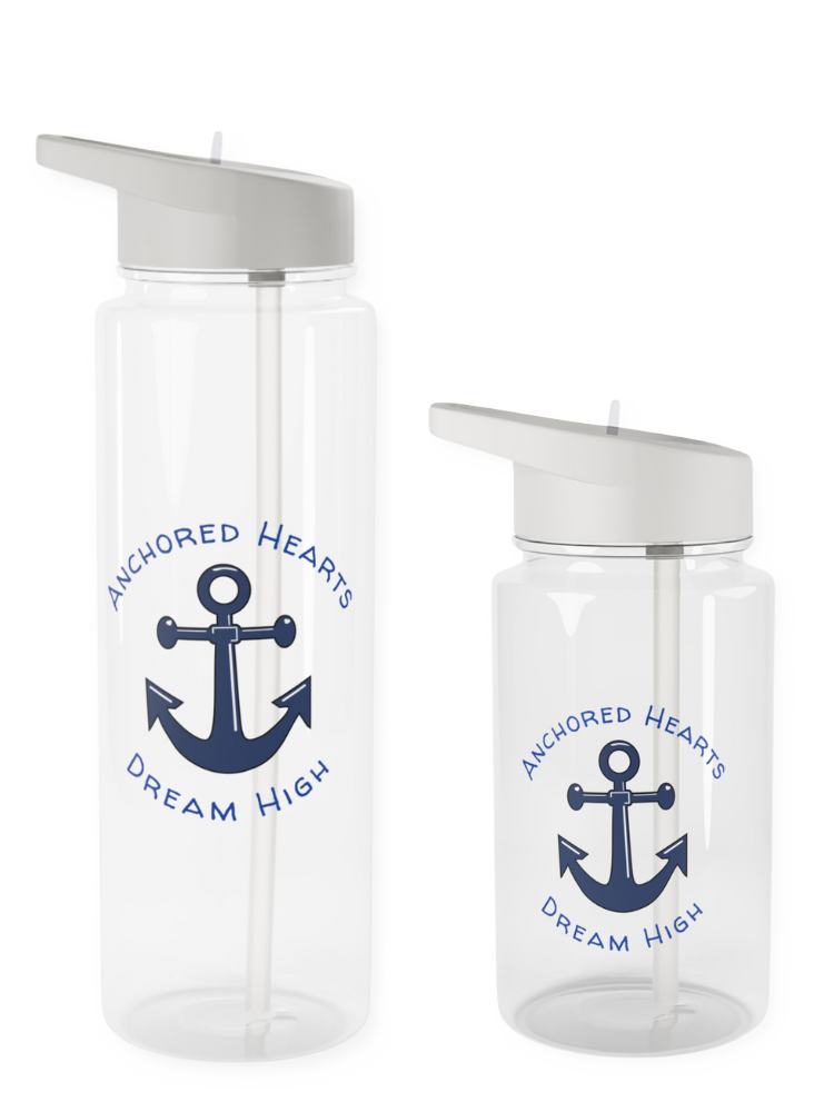 Clear water bottle with a gray twist top and clear straw. On the water bottle is a blue anchor and the words Anchored Hearts and Dream High surrounding the anchor.