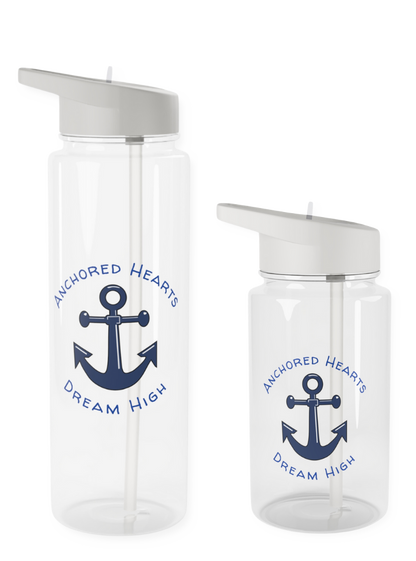 Clear water bottle with a gray twist top and clear straw. On the water bottle is a blue anchor and the words Anchored Hearts and Dream High surrounding the anchor.