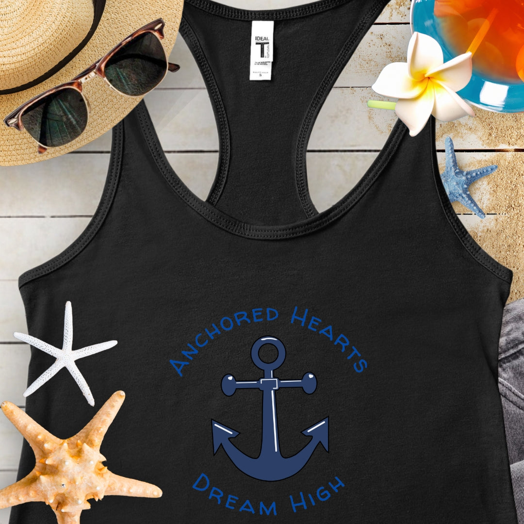 Black Tank Top with anchor that says Anchored Hearts Dream High