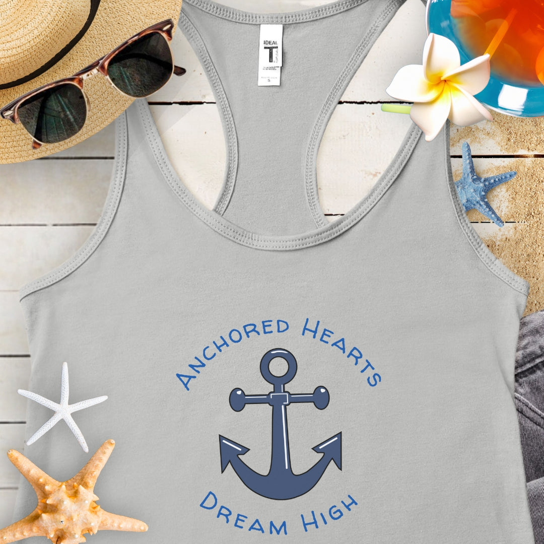 Gray Tank Top with anchor that says Anchored Hearts Dream High