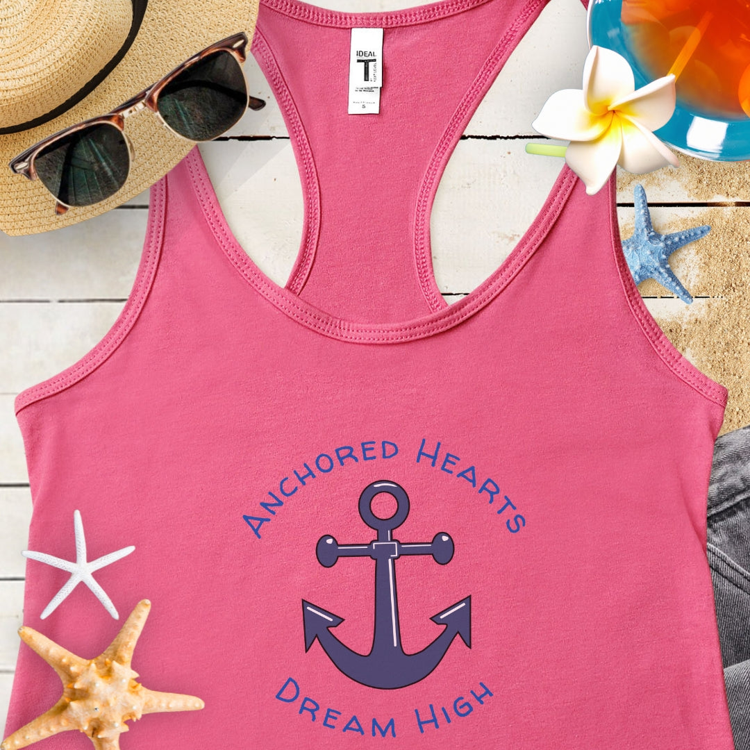 Hot Pink Tank Top with anchor that says Anchored Hearts Dream High