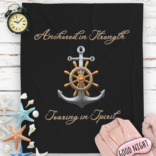 Black Blanket with anchor with text Anchored in Strength Soaring in Spirit