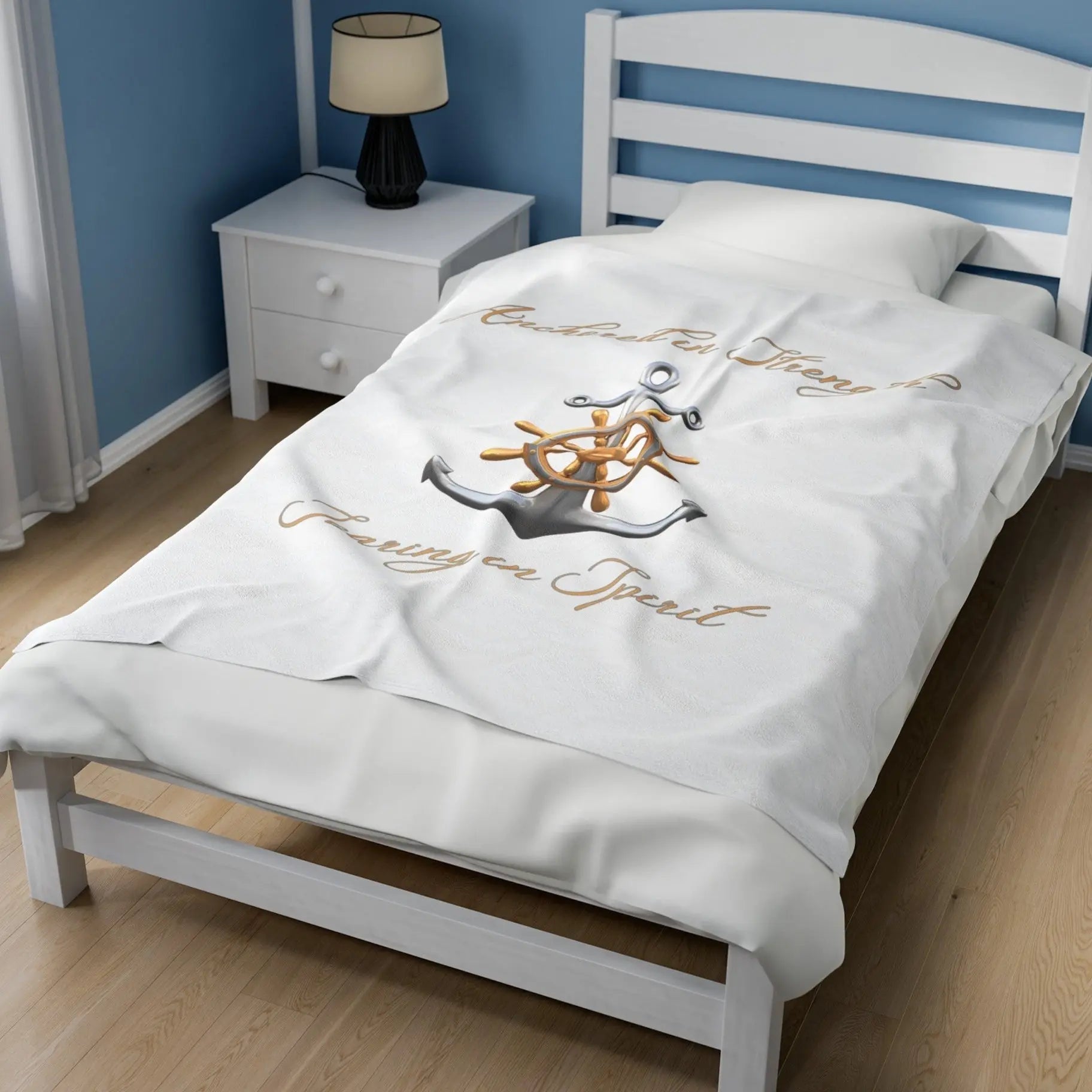 50x60 White velveteen blanket Anchored in strength with anchor