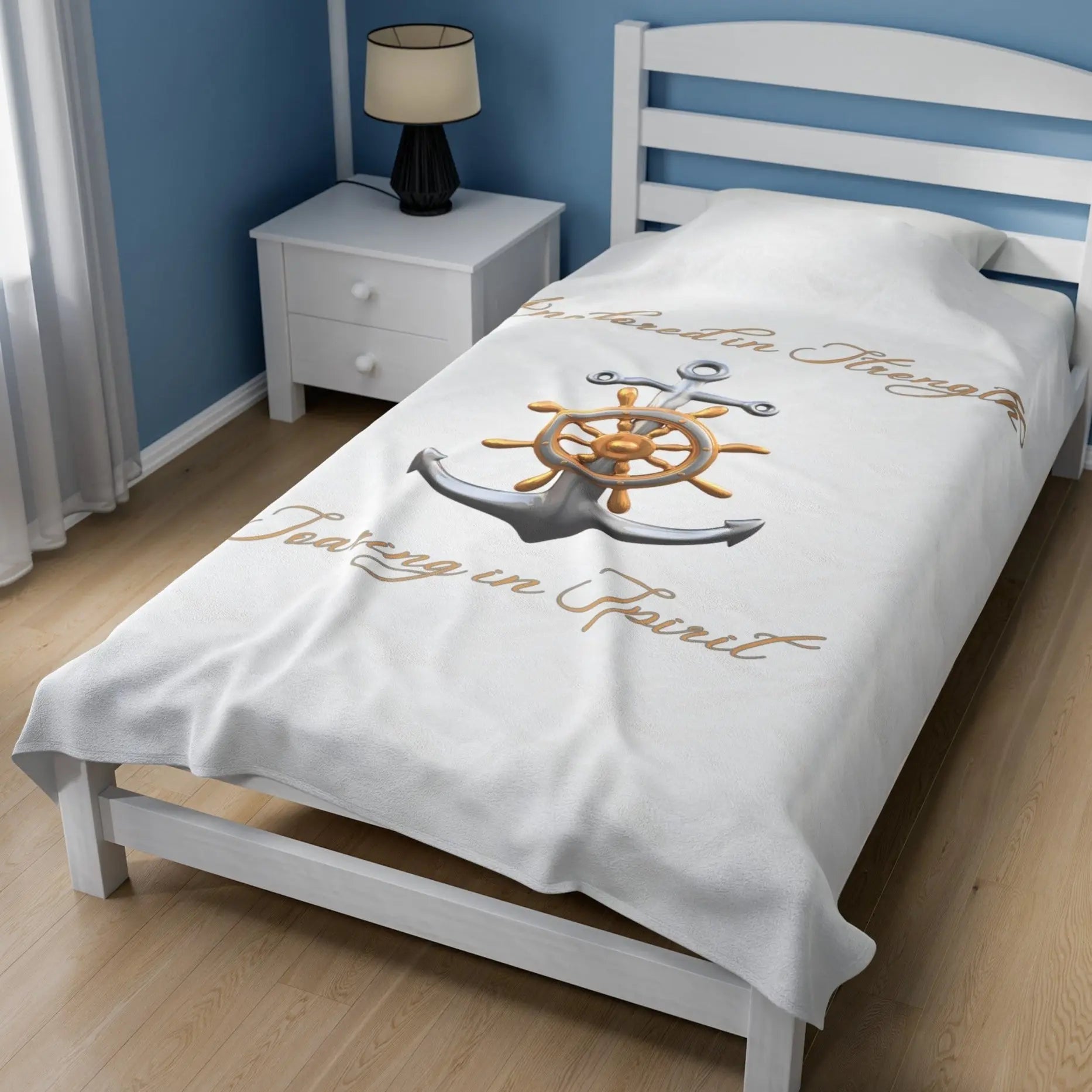 60x80 White velveteen blanket Anchored in strength with anchor