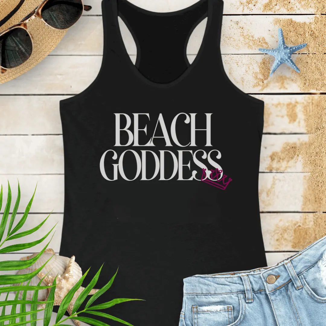 Black  Racerback Tank Top with the text Beach Goddess with a crown hanging off of the bottom of the text -stylish tank is great for vacations, beach days, or casual wear.