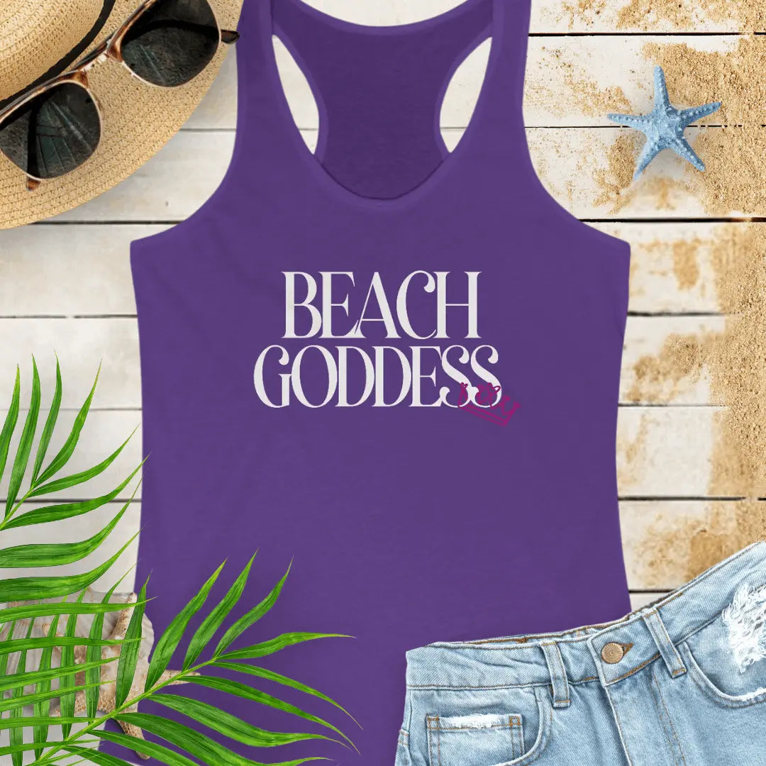 Purple Racerback Tank Top with the text Beach Goddess with a crown hanging off of the bottom of the text -stylish tank is great for vacations, beach days, or casual wear.