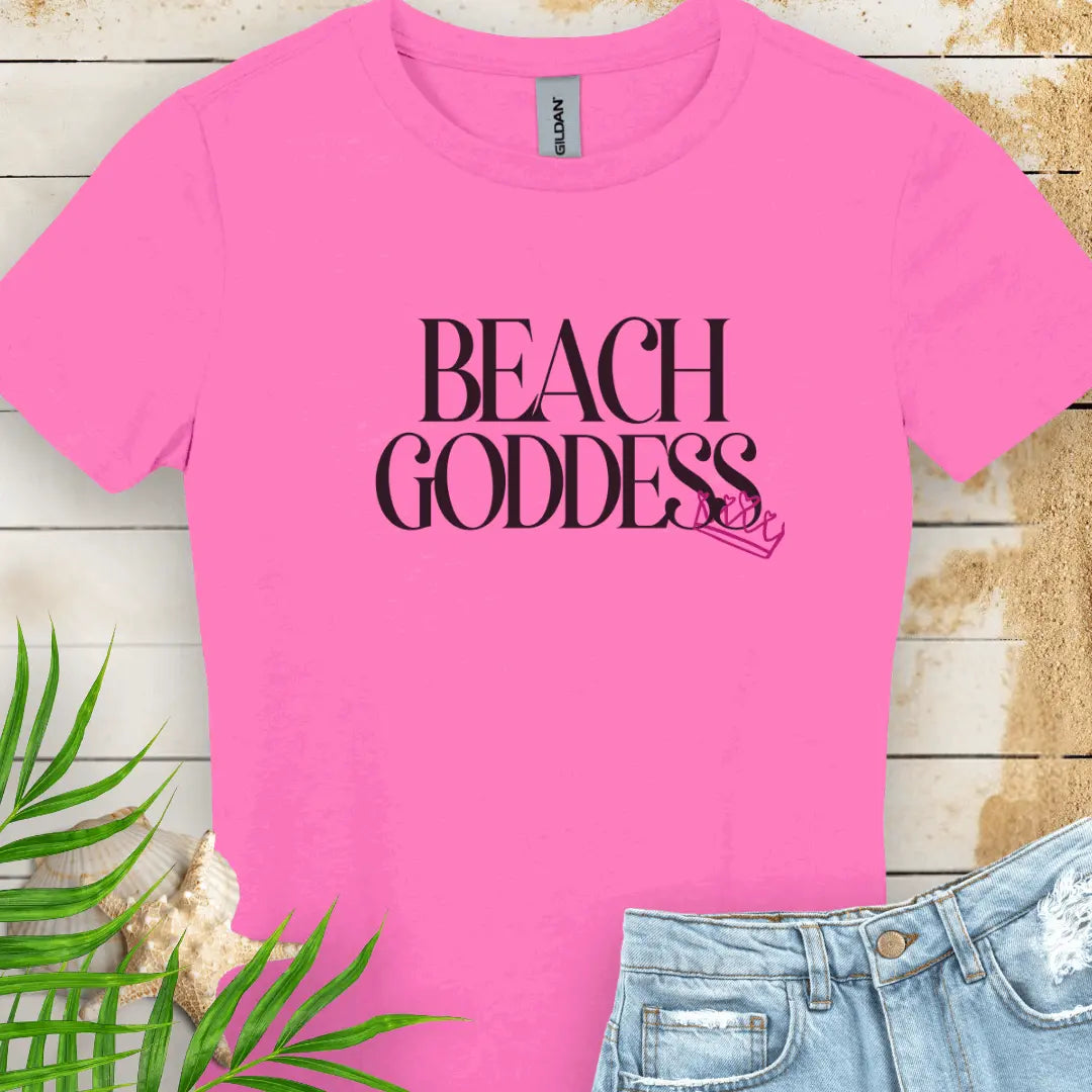 Azalea Women's T-Shirt with the text Beach Goddess with a crown hanging off of the bottom of the text -stylish tee is great for vacations, beach days, or casual wear.