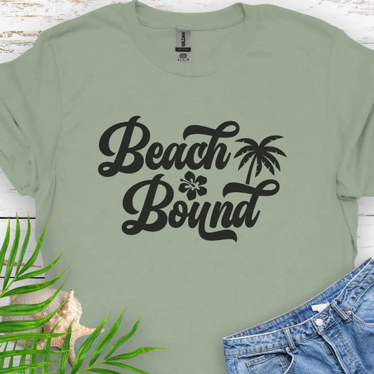 Sage T-shirt showing your Beach Bound with a palm tree and hibiscus flower summer vibe!