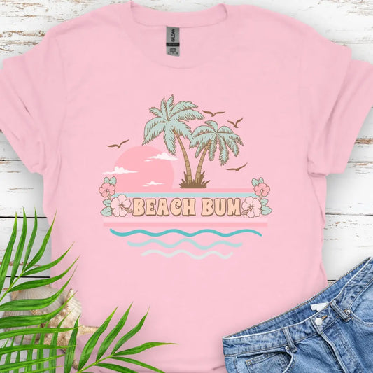 A pastel retro beach scene that says Beach Bum Light Pink T-shirt.
