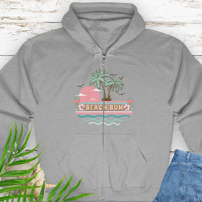 A pastel retro beach scene that says Beach Bum Sport Grey zippered sweatshirt with hood.