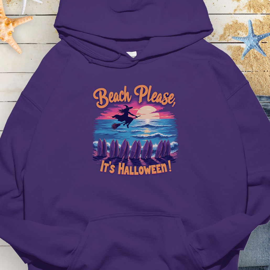 Purple Hoodie with image of witch flying on a broom over the ocean with surfboards in the sand and text that says Beach Please, It's Halloween.