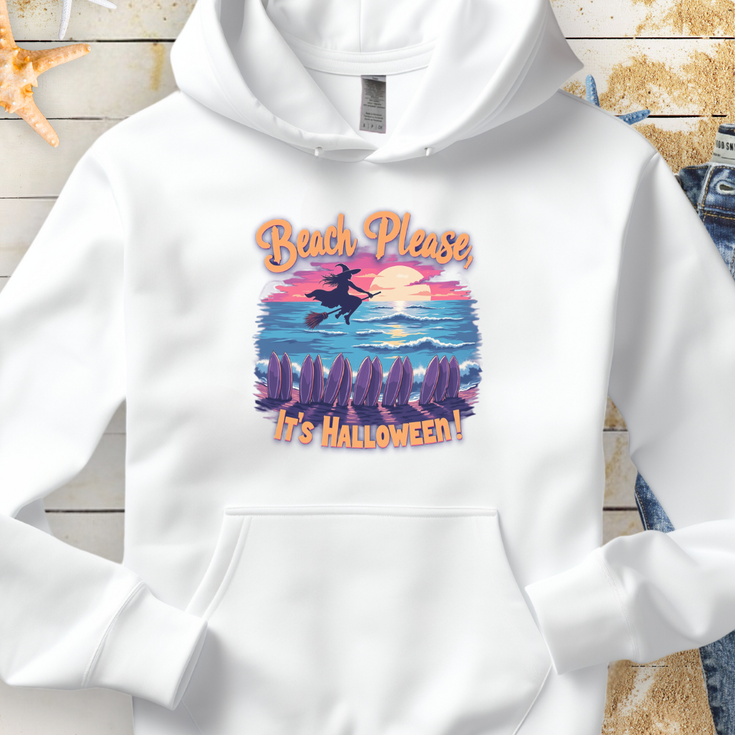 White Hoodie with image of witch flying on a broom over the ocean with surfboards in the sand and text that says Beach Please, It's Halloween.