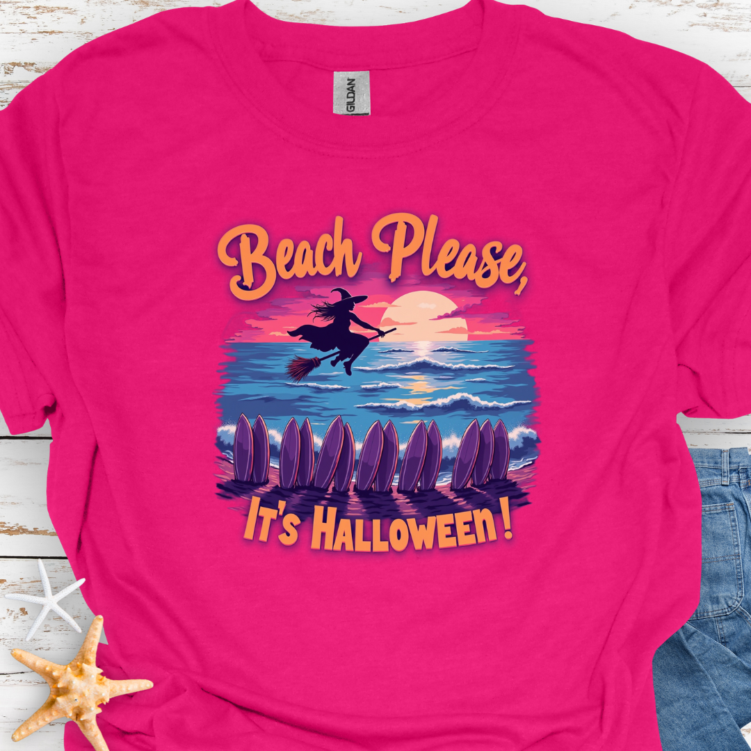 Heliconia  T-shirt with image of witch flying on a broom over the ocean with surfboards in the sand and text that says Beach Please, It's Halloween.