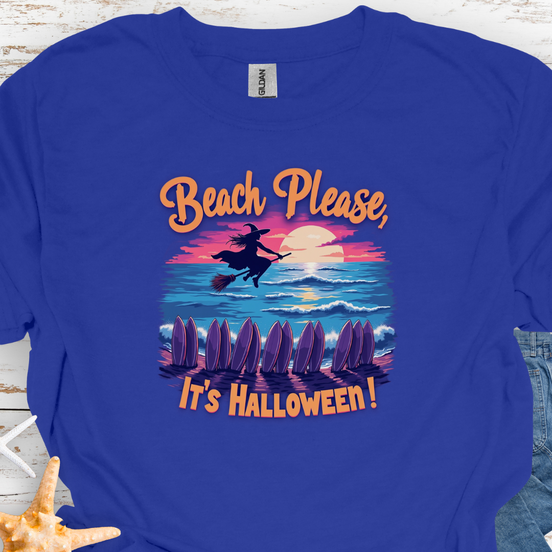 Royal Blue  T-shirt with image of witch flying on a broom over the ocean with surfboards in the sand and text that says Beach Please, It's Halloween.