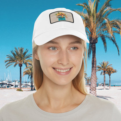 Woman in white hat with leather patch that says beach bum with a beach van, surfboards, palm trees and sun.