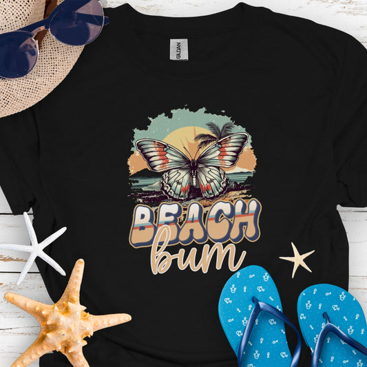 Black t-shirt with butterfly in sunset with text Beach Bum.