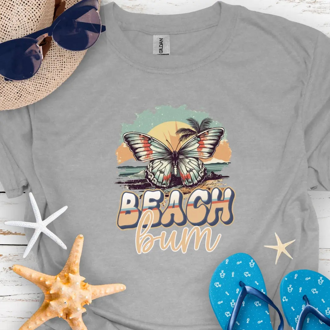 Sport Gray t-shirt with butterfly in sunset with text Beach Bum.