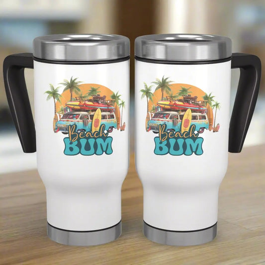 Two White 14 oz travel mug with beach scene and text Beach Bum