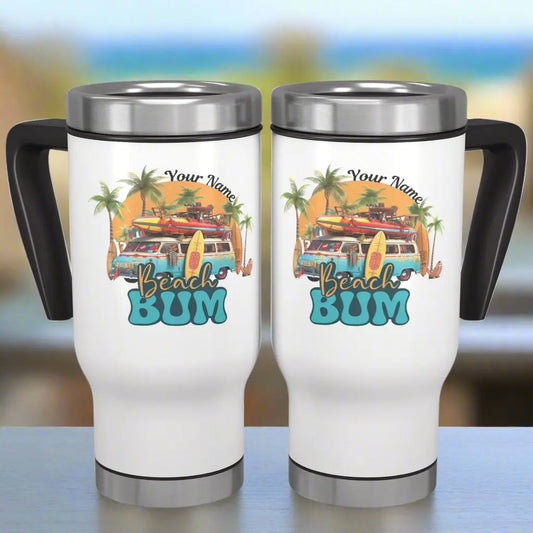 Two White 14 oz travel mug with beach scene and text Beach Bum with personalized name