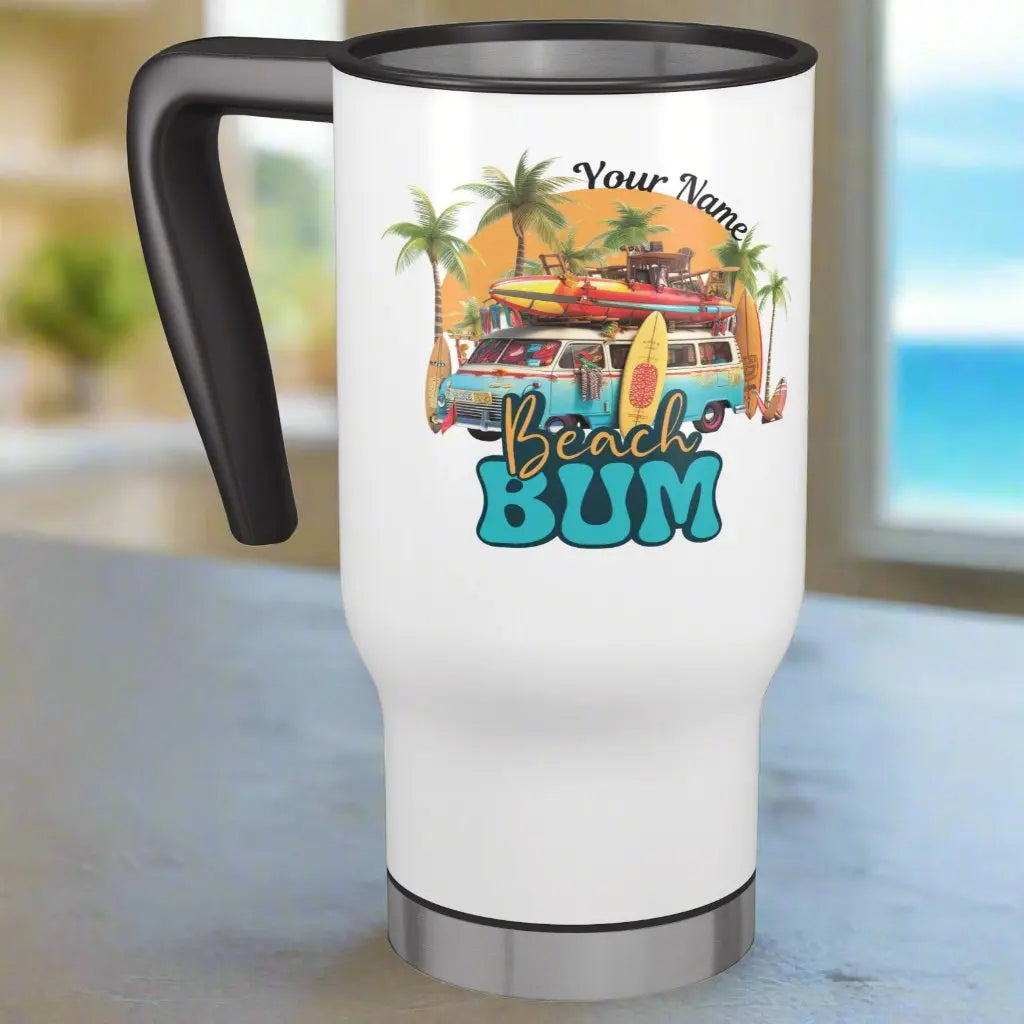 White 14 oz travel mug with beach scene and text Beach Bum with personalized name