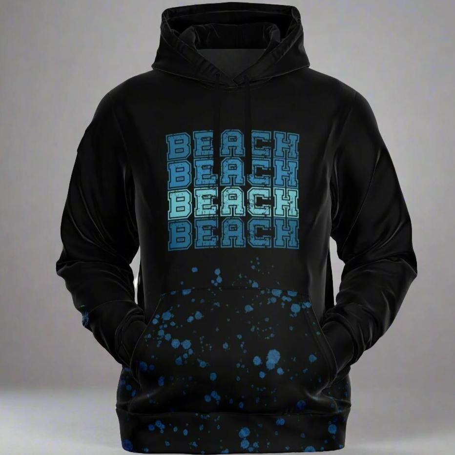 Black hoodie with Beach in college font 4 times  with water bubbles coming from bottom and sleeve with Beach Vibes surrounded by wave and starfish.