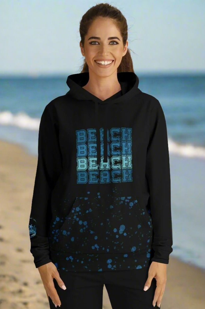 Black hoodie with Beach in college font 4 times  with water bubbles coming from bottom and sleeve with Beach Vibes surrounded by wave and starfish.