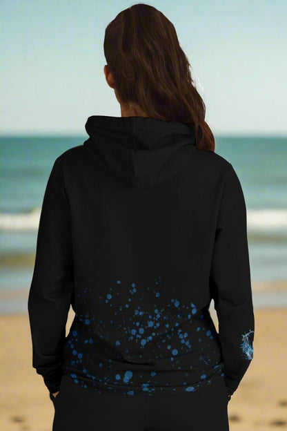 Back of black hoodie with water bubbles coming up from bottom.