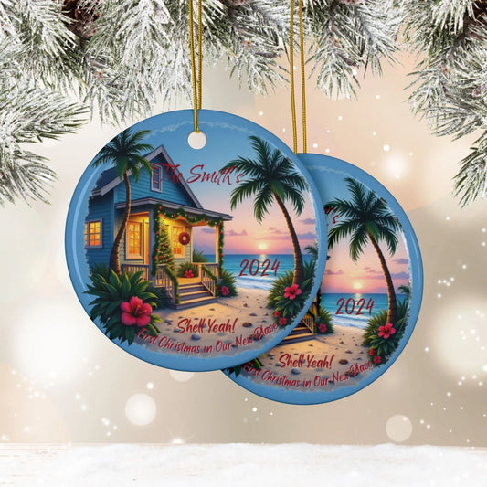 Shell Yeah! 1st Christmas New Home Ornament | Personalized  Ornament Circle-10-pcs Everythings Beachy