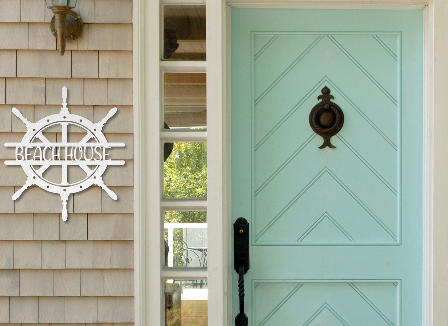 Ship Wheel with Beach House in the middle metal sign white