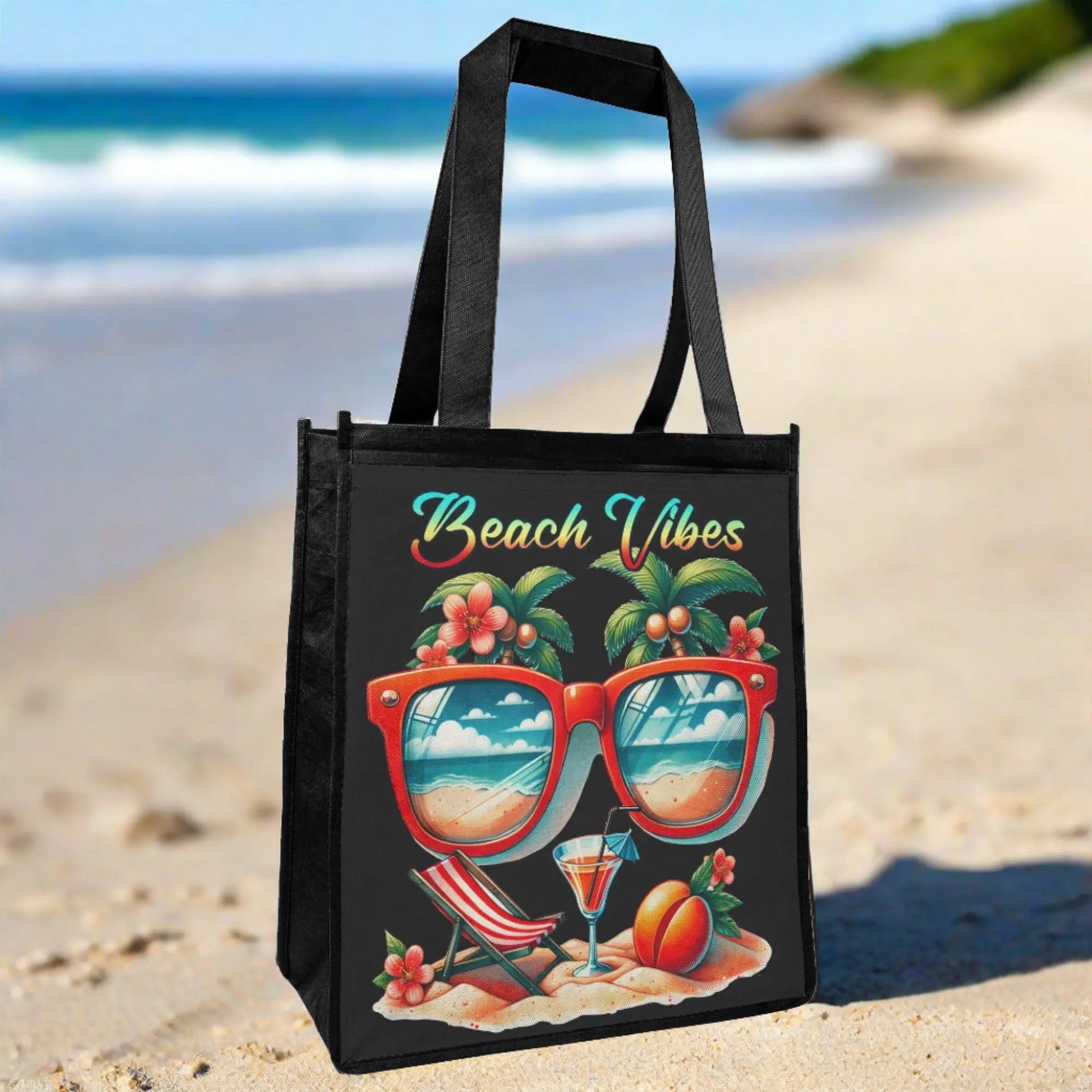 Black tote bag sitting on the beach with the words Beach Vibes over a beach scene with sunglasses that show the ocean in the lenses.