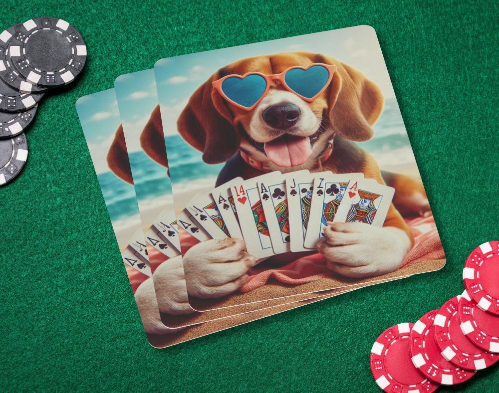 Playing cards with a beagle in heart glasses holding playing cards while laying on a beach