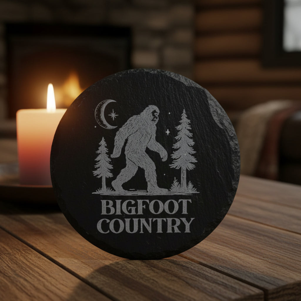 Black round slate with 'Bigfoot Country' design featuring a Sasquatch, trees, and moon engraved.