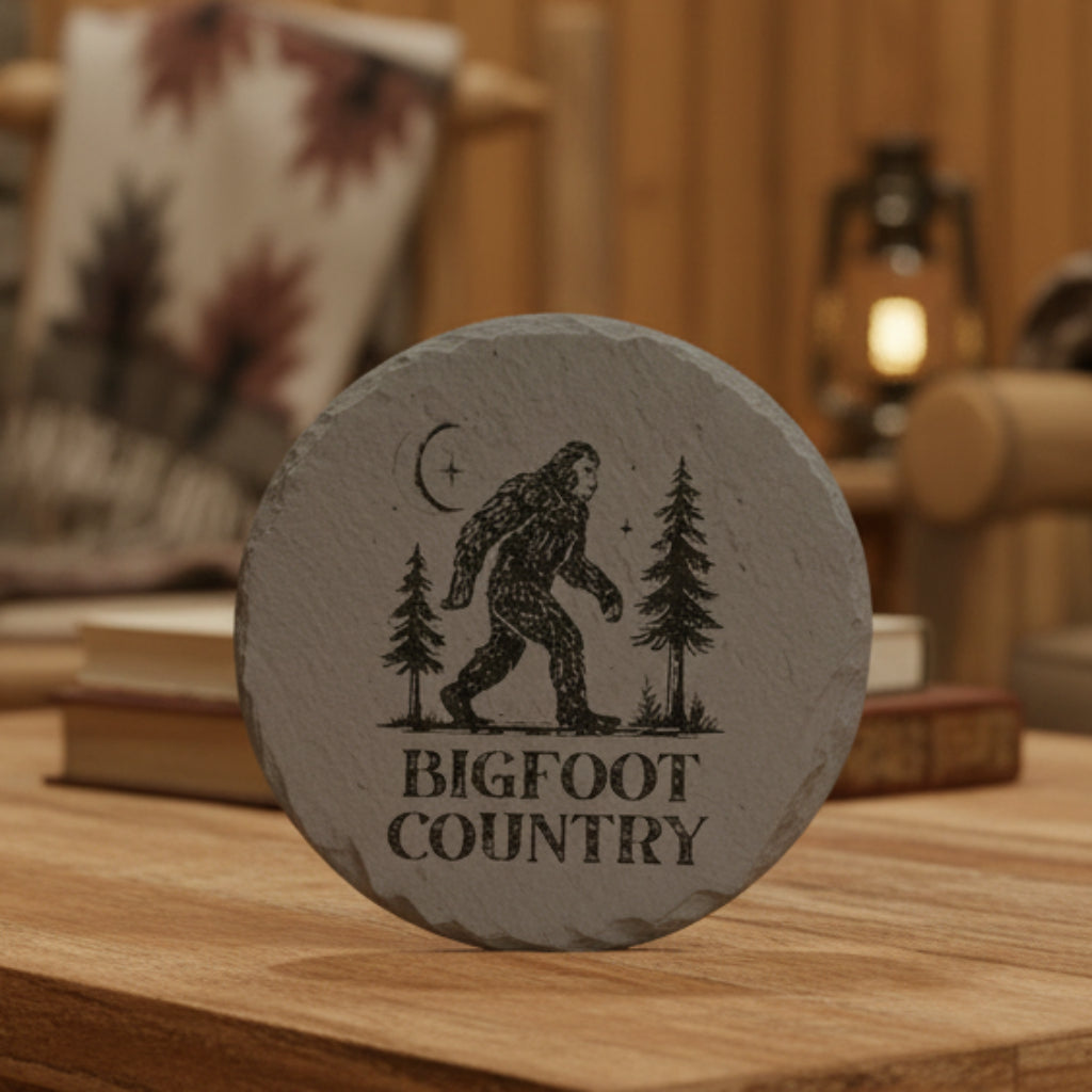 Round stone with Bigfoot design and 'Bigfoot Country' text on a wooden surface.